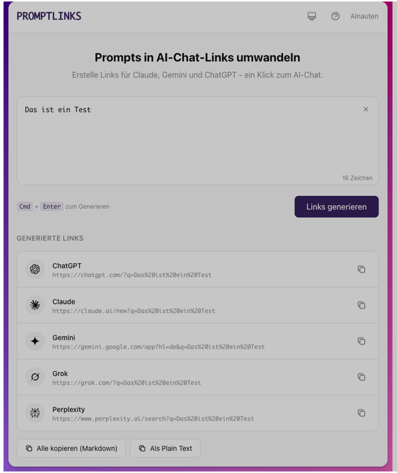 PromptLinks: Ein Klick – fertiger Prompt im Assistenten (ChatGPT, Claude, Gemini)